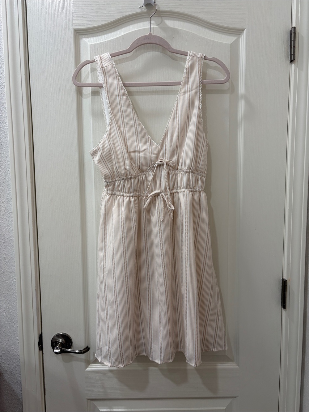 NWOT Sincerely Jules Cream and Tan Striped V-Neck Dress
